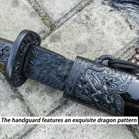 Close-up of dragon pattern handguard on Two Pack Polypropylene Martial Swords For Practice And Training Katana Style Bokken.