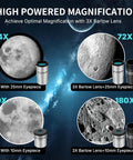 High Powered 90mm Refractor Telescope For Adults With 600mm Focal Length, showcasing 24x, 60x, 72x, 180x magnifications.