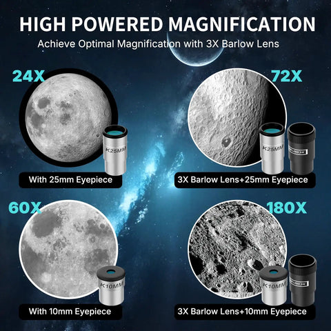 High Powered 90mm Refractor Telescope For Adults With 600mm Focal Length, showcasing 24x, 60x, 72x, 180x magnifications.