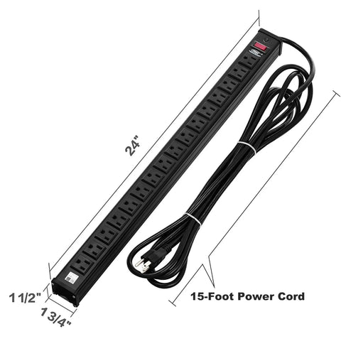 Workhorse 16 Outlet Heavy Duty Metal Power Strip With 15 Foot Cord For Office And School Use 15 Amps 1875 Watts UL Listed Black Rugged Aluminum