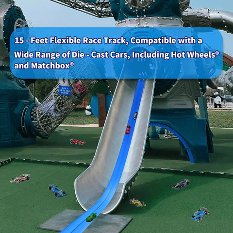 Flexible Race Car Ramp Track Set 15 Ft Starter Kit Dual Sided Racetrack For 1 To 64 Scale Diecast Cars And Small Toy Cars In Cool Blue