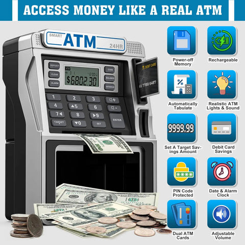 Rechargeable Kids ATM Bank With Real Money Safe Debit Card Access Coin Recognition Bill Feeder Balance Calculator Power Off Memory Keeps Data Kid Friendly ATM Machine For Boys And Girls