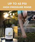 Portable Camping Shower Pump With Showerhead Holder And Safety Valve up to 45 PSI showing high-pressure rinse outdoors