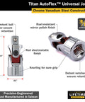 Auto Flex Universal Joint for Three Eighths Inch Drive with Chrome Vanadium Construction showing features and specifications