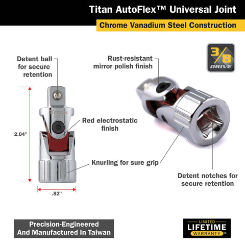 Auto Flex Universal Joint for Three Eighths Inch Drive with Chrome Vanadium Construction showing features and specifications