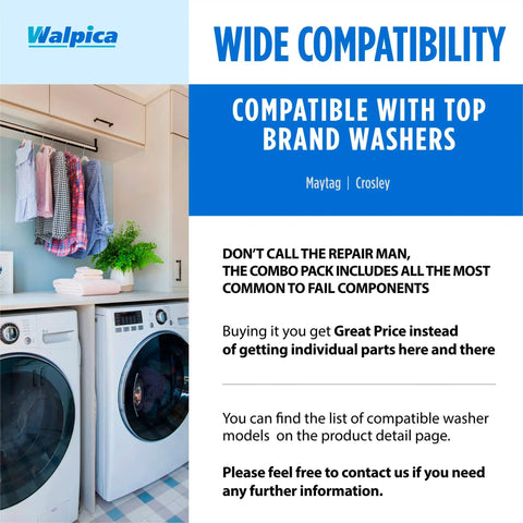 Dryer Drum Support Roller Belt Idler Pulley Repair Kit compatibility with washers shown.