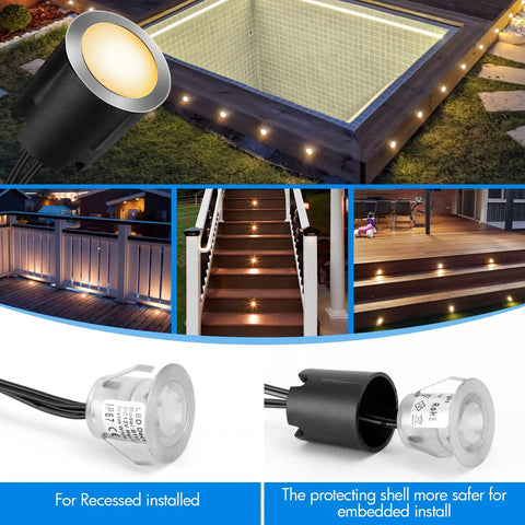 16 Pack LED Recessed Deck Lights With Protective Shell IP68 Waterproof Warm White 0.6W All In One Outdoor Landscape Lighting Kit 12V Low Voltage for garden steps.