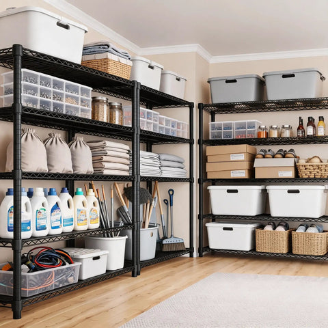 Heavy Duty 5 Tier Wire Shelving Rack With Massive Load Rating For Garage Pantry Kitchen Organization And Commercial Display That Is Legit Bombproof Setup For Your Home Office filled with storage bins and cleaning supplies.