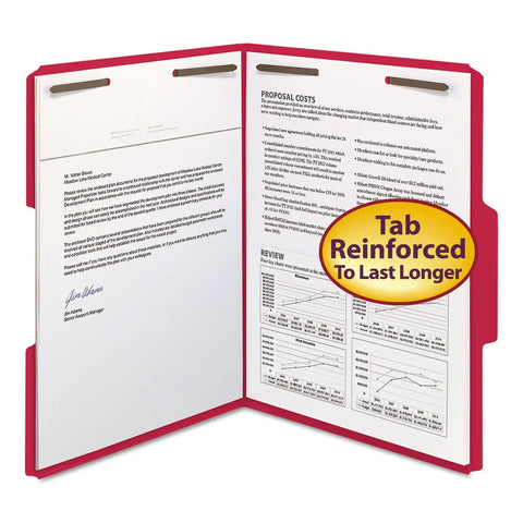 Letter Size Red Fastener Folders With Heavy Duty Embedded Straps And Assorted One Third Cut Tabs For Hustle Free Filing And Crisp Office Archiving Pack Of Fifty showing documents secured inside.