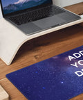 Custom Large Desk Pad With Photo And Text Personalization Non Slip Mouse Mat For Computer And Office Upload Your Picture Or Logo Extra Large 12In By 31In Durable Rubber Surface For Smooth Glide showing a space-themed design with text.