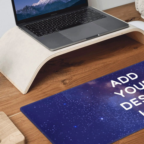 Custom Large Desk Pad With Photo And Text Personalization Non Slip Mouse Mat For Computer And Office Upload Your Picture Or Logo Extra Large 12In By 31In Durable Rubber Surface For Smooth Glide showing a space-themed design with text.
