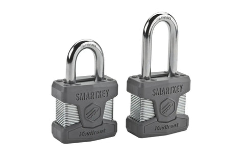 Two Rekey In Seconds SmartKey Padlock With Boron Carbide Shackle For Outdoor Gates And Storage, Tight Laminated Steel Build, Side View