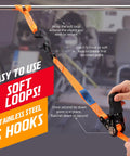 Built Tough As Nails Heavy Duty Ratchet Straps Packing 2000 Lb Break Strength, one inch thick, securing cargo with S hooks.