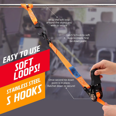 Built Tough As Nails Heavy Duty Ratchet Straps Packing 2000 Lb Break Strength, one inch thick, securing cargo with S hooks.
