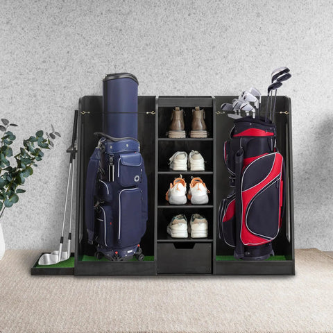 Wooden Golf Bag Organizer And Storage Cabinet For Two Bags With Drawers And Side Club Holders Keeps 12 Clubs Shoes Balls And Gear Neatly In A Modern Black Wood Cabinet For Home Garage Or Clubhouse