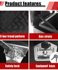 Close-up of Rock Solid Aluminum Generator Tool Box features: tread pattern, gas struts, safety lock, and equipped keys.