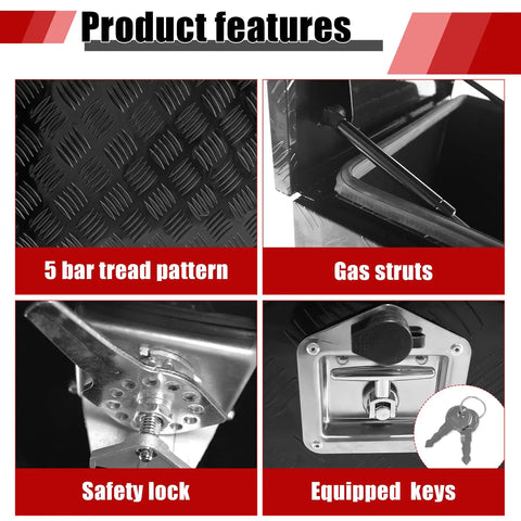 Close-up of Rock Solid Aluminum Generator Tool Box features: tread pattern, gas struts, safety lock, and equipped keys.