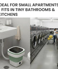 Totally Foldable Hella Portable Washing Machine With Heavy Duty Spin Basket And Three Fast Wash Cycles Super Compact 16 Liter Mini Laundry Drum in small apartment bathroom.