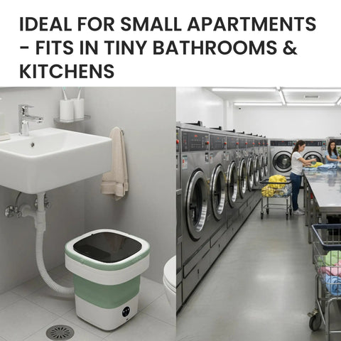 Totally Foldable Hella Portable Washing Machine With Heavy Duty Spin Basket And Three Fast Wash Cycles Super Compact 16 Liter Mini Laundry Drum in small apartment bathroom.