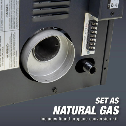 Ceiling Mounted Forced Air Unit Heater With 50000 Btu Dual Fuel Propane Natural Gas For Garages Workshops Kicks Serious Heat Up To 1667 Sq Ft Low Profile Design showing natural gas conversion port and wiring.