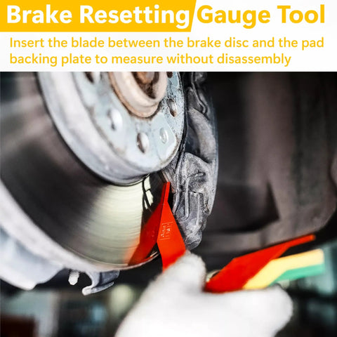 Image showing the 8 Piece Brake Pad Thickness Gauges Set with Color Coded Scale measuring brake pad thickness on a vehicle.
