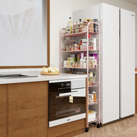 Premium Six Tier Rolling Storage Cart With Swivel Wheels, Sturdy Metal Mobile Shelving Rack For Tight Spaces in a modern kitchen.