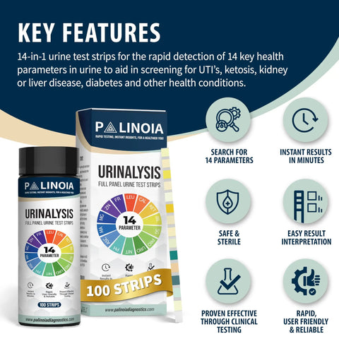 14 Parameter Urine Test Strips Full Panel For Home Health Check 100 Count Bottle With Urinalysis Screening For Kidney And Liver Health And UTI Detection Includes ketones protein hydration and acidity level, box and bottle