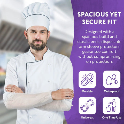 White Disposable Arm Sleeves 18 Inch 1000 Pack Waterproof 1.5 Mil PE Sleeve Covers Unisex Work Arm Protectors For Painting Cleaning Food Prep Pro Grade Industrial Tasks, worn by chef