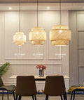 Hand Woven Boho Bamboo Pendant Light With Rattan Coastal Charm in three sizes over dining table, showing adjustable wicker shades.