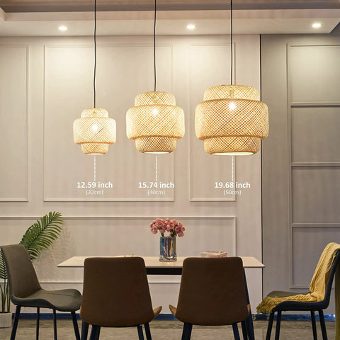 Hand Woven Boho Bamboo Pendant Light With Rattan Coastal Charm in three sizes over dining table, showing adjustable wicker shades.