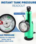 Front view of green oxygen regulator with dial gauge and metal fittings