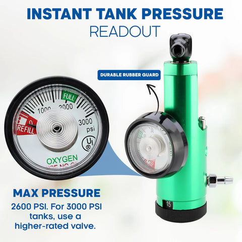 Front view of green oxygen regulator with dial gauge and metal fittings