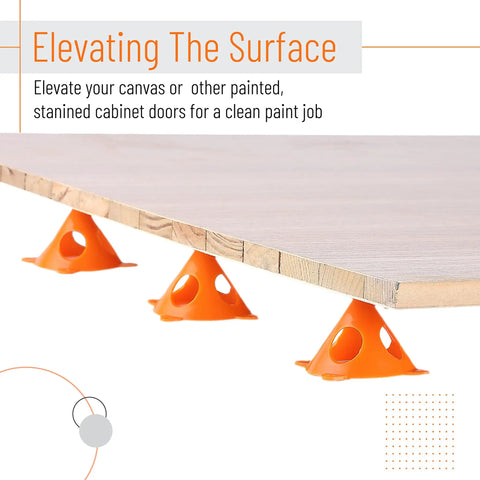 Painters Pyramid Stands 20 Pack for Canvas Elevation and Pouring, pro-grade ABS plastic stands elevating a wooden board