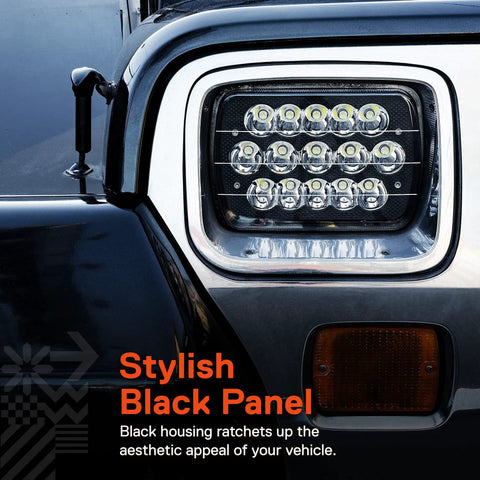 Close-up of 7x6 And 5x7 H6054 LED Headlights For Trucks And Vans H4 Sealed Beam Replacement 6000K on Jeep Wrangler