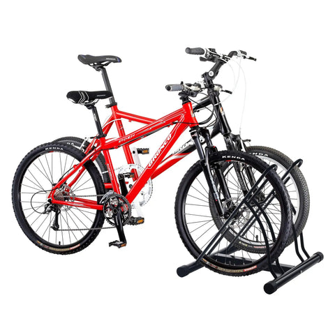 Mighty Rack Two Bike Floor Stand For Easy Clamp-Free Bicycle Parking, holding two bikes, tubular steel, in garage setting.