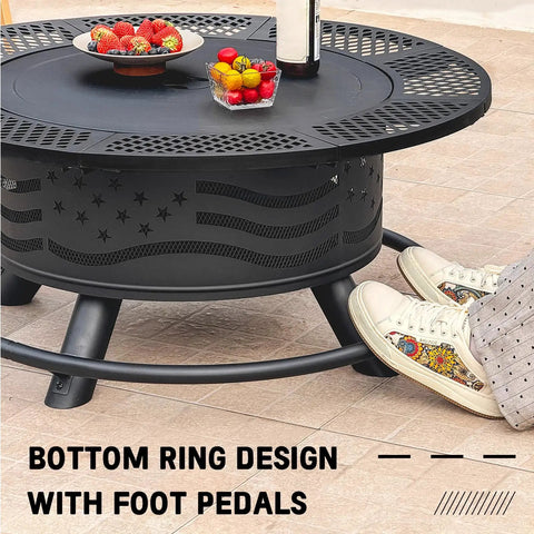 36 Inch Fire Pit With Dual Cooking Grates And Lid showcasing bottom ring design with foot pedals, in black steel.