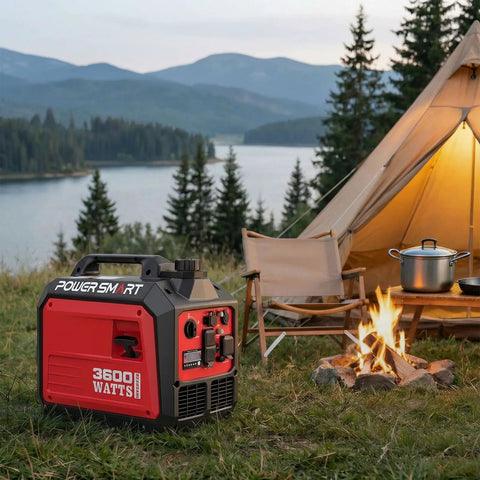 3600 Watt Portable Inverter Generator with Quiet Operation beside camping tent in scenic outdoor setting