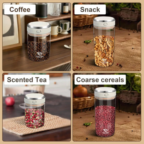 Big Capacity Airtight Coffee Bean Storage Jar With Date Tracker holding coffee beans, stylish glass design, kitchen storage.