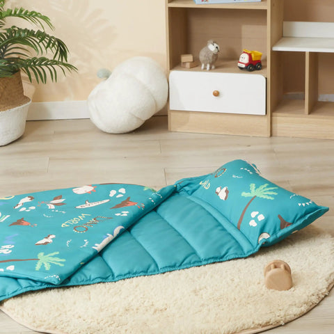 Toddler Nap Mat With Pillow And Blanket, 52 By 20 Inches, Lightweight Soft Sleep Pad in nursery setup.