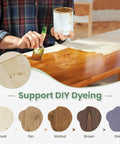 Person staining a wooden panel with various color options, showcasing DIY dyeing ability for unfinished surfaces.