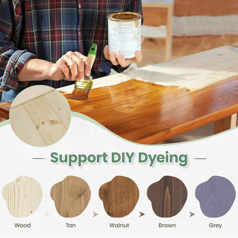 Person staining a wooden panel with various color options, showcasing DIY dyeing ability for unfinished surfaces.