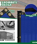 Close-up of Blue 8 By 6 Feet Fence Privacy Screen For Outdoor Use Heavy Duty Mesh Windscreen UV Block Shade Cover Tarp with grommets.