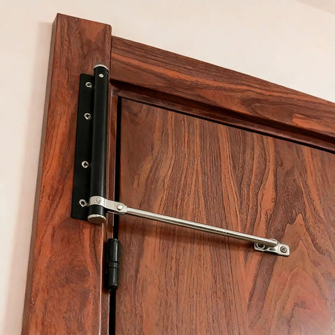 Heavy Duty Stainless Steel Door Closer For Home Use with safety spring on wooden door, installed with easy screws and wrench.