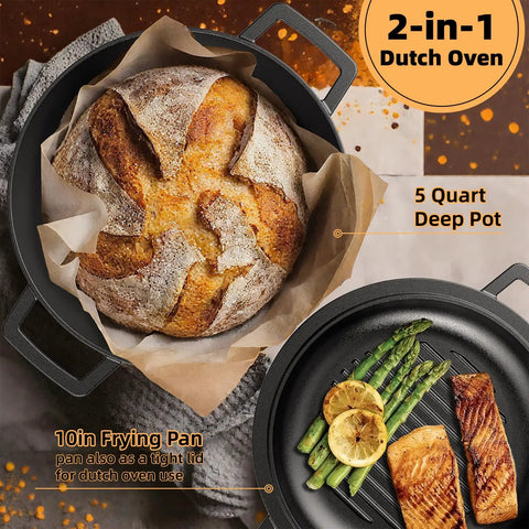 Built Tough Cast Iron Dutch Oven Pot With Skillet Lid 5 Qt Pre Seasoned Non Toxic PFAS Free Oven Stovetop Grill Campfire Ready