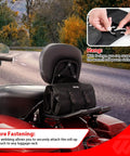 64 Piece Motorcycle Tool Kit With Roll Pouch For Harley Davidson in black pouch attached to backrest on red motorcycle on road
