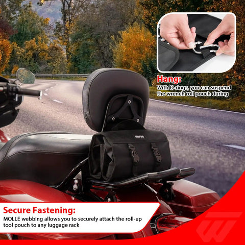 64 Piece Motorcycle Tool Kit With Roll Pouch For Harley Davidson in black pouch attached to backrest on red motorcycle on road