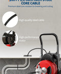 Heavy Duty 370W Drain Auger Featuring 100 Ft Bend Resistant Steel Core Cable With Foot Switch, showing steel cable and motor.