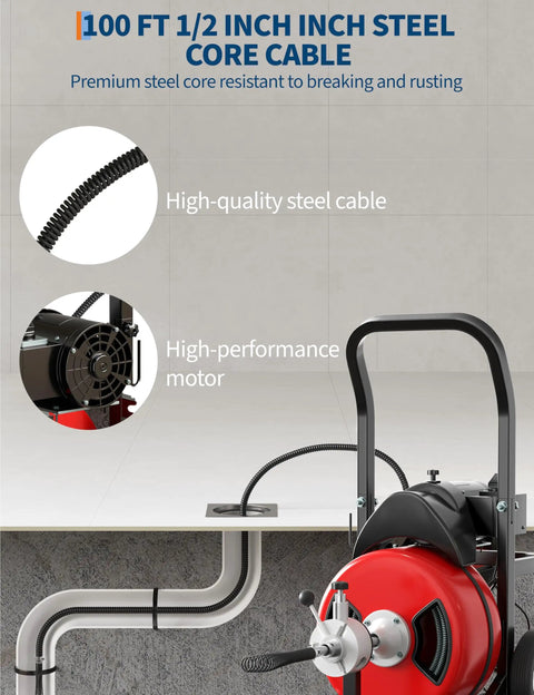 Heavy Duty 370W Drain Auger Featuring 100 Ft Bend Resistant Steel Core Cable With Foot Switch, showing steel cable and motor.