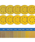 Dope 5 Inch Yellow Sanding Discs With 8 Holes For Fast Debris Removal Perfect For Body Work, Wood Projects And Grinder Polishing Jobs High Abrasive Quality You Gonna Love in varying grit sizes.