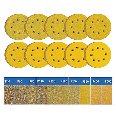 Dope 5 Inch Yellow Sanding Discs With 8 Holes For Fast Debris Removal Perfect For Body Work, Wood Projects And Grinder Polishing Jobs High Abrasive Quality You Gonna Love in varying grit sizes.